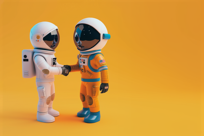 two astronauts shake shakers in a yellow background